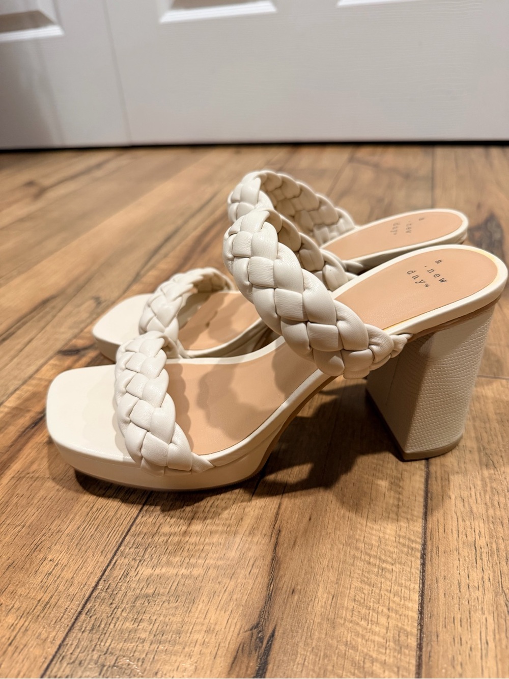 Braided Strap Cream Block Heel Sandals